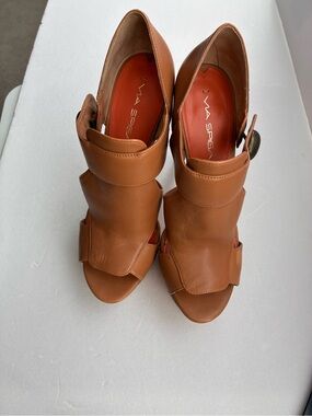 Via Spiga Brown Leather Peep-Toe Wrap Heels Sz 8